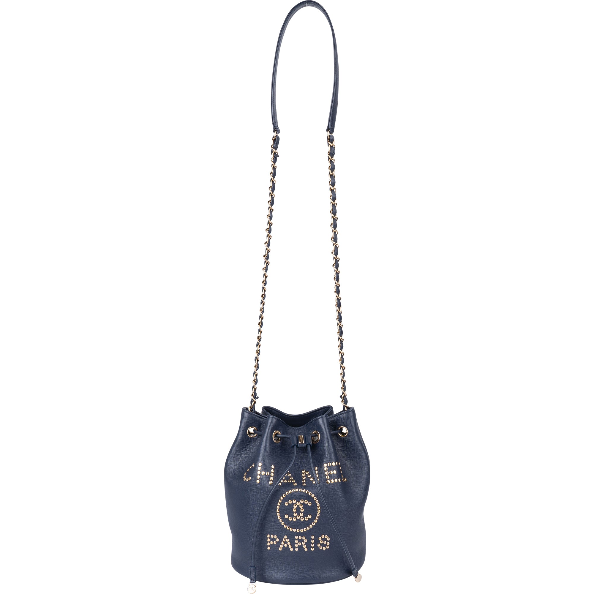 Chanel Bleu Caviar Leather Deauville Bucket Crossbody Bag - vintageandkickz