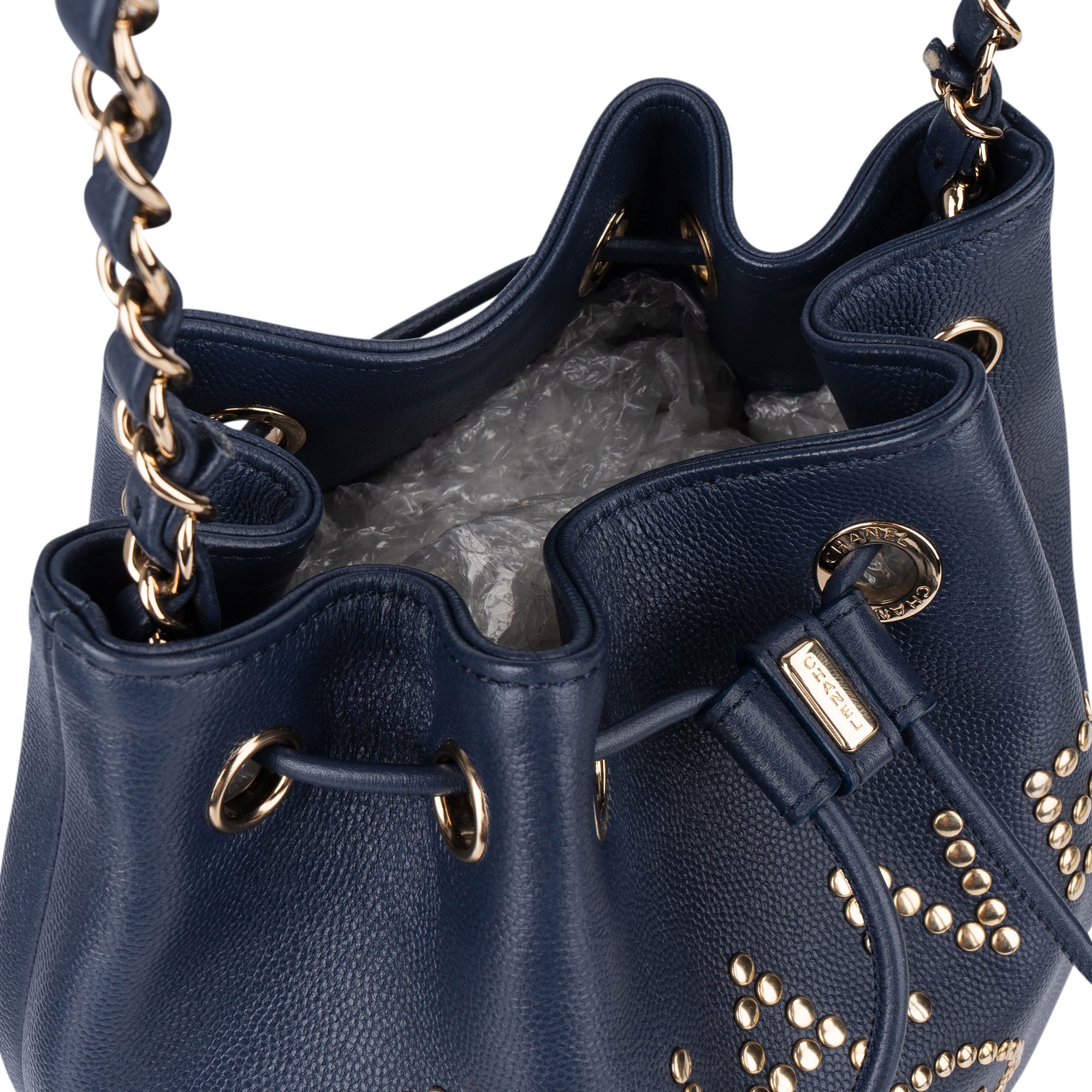 Chanel Bleu Caviar Leather Deauville Bucket Crossbody Bag - vintageandkickz
