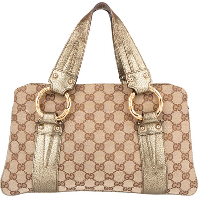 Gucci GG Monogram Golden Bamboo Handbag - vintageandkickz