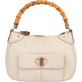 Gucci White Leather GG Monogram Bamboo Handbag