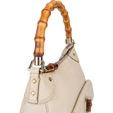 Gucci White Leather GG Monogram Bamboo Handbag