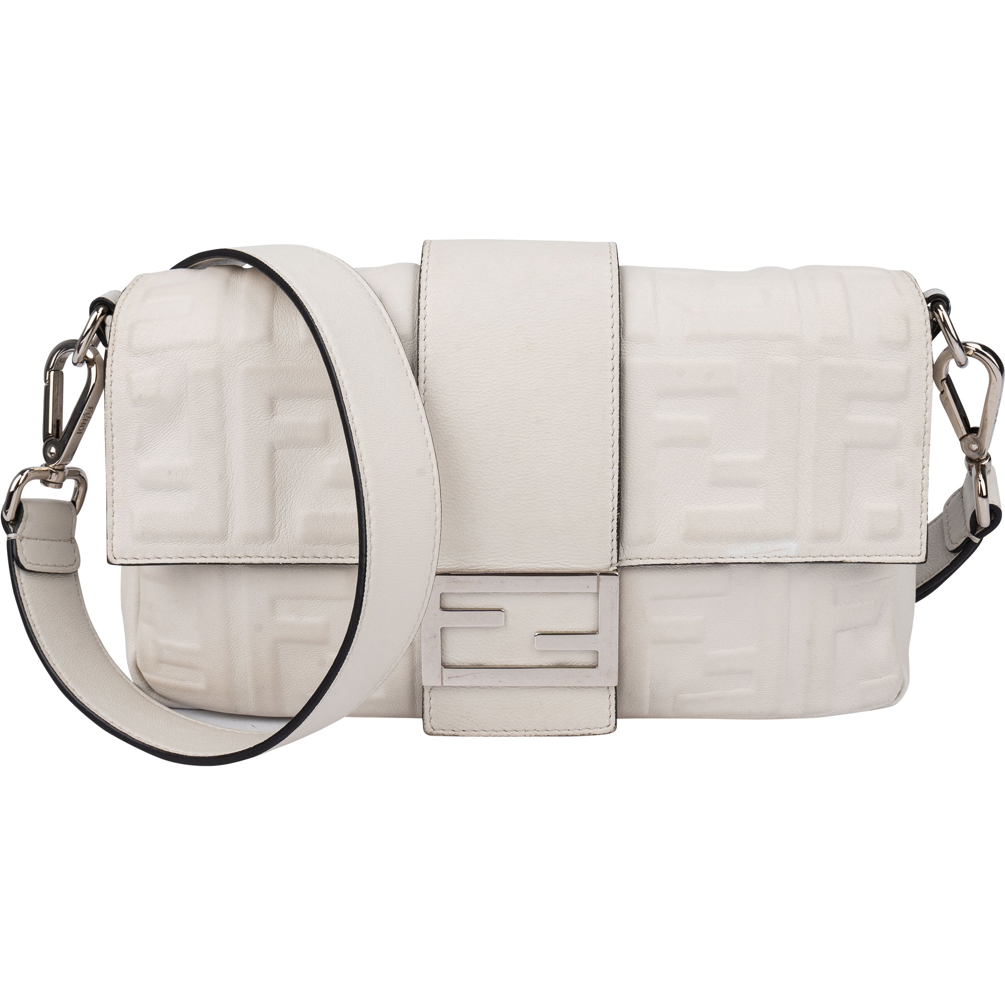 Fendi White FF Leather Monogram Baguette Crossbody Bag