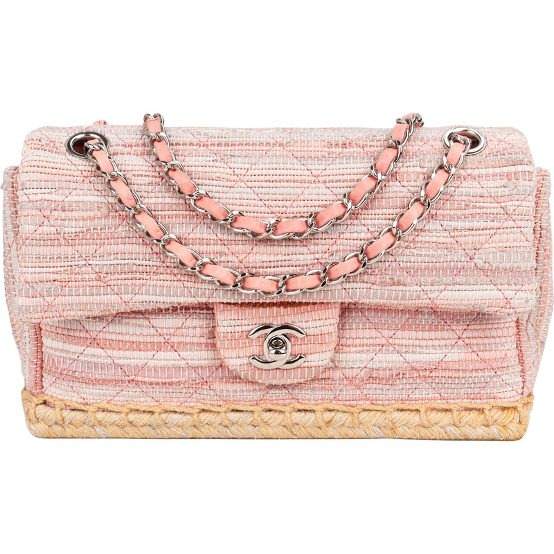 Chanel Quited Tweed Palladium Espadrilles Single Flap Crossbody Bag - vintageandkickz