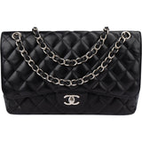 Chanel Quilted Caviar Leather Palladium Jumbo Double Flap Crossbody Bag