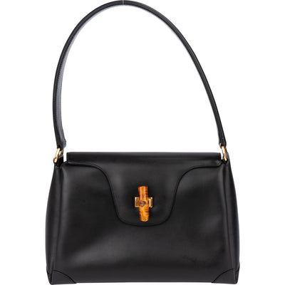 Gucci Black Leather Bamboo Turnlock Shoulder Bag
