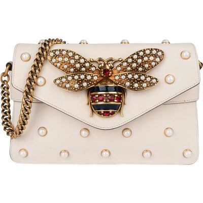 Gucci White Leather Queen Margaret Bee Shoulder Bag - vintageandkickz