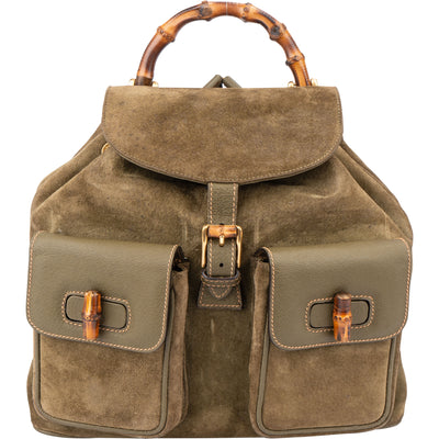 Gucci Suede Monogram Bamboo Backpack - vintageandkickz