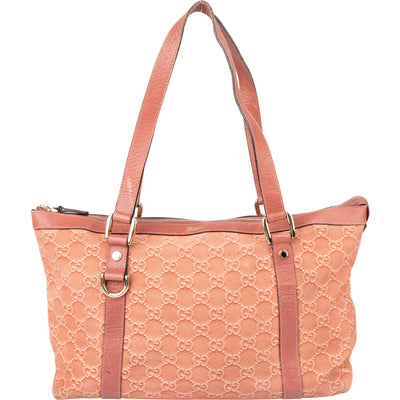 Gucci Pink Suede Monogram Abbey Handbag - vintageandkickz