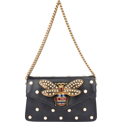Gucci Black Leather Queen Margaret Bee Shoulder Bag - vintageandkickz