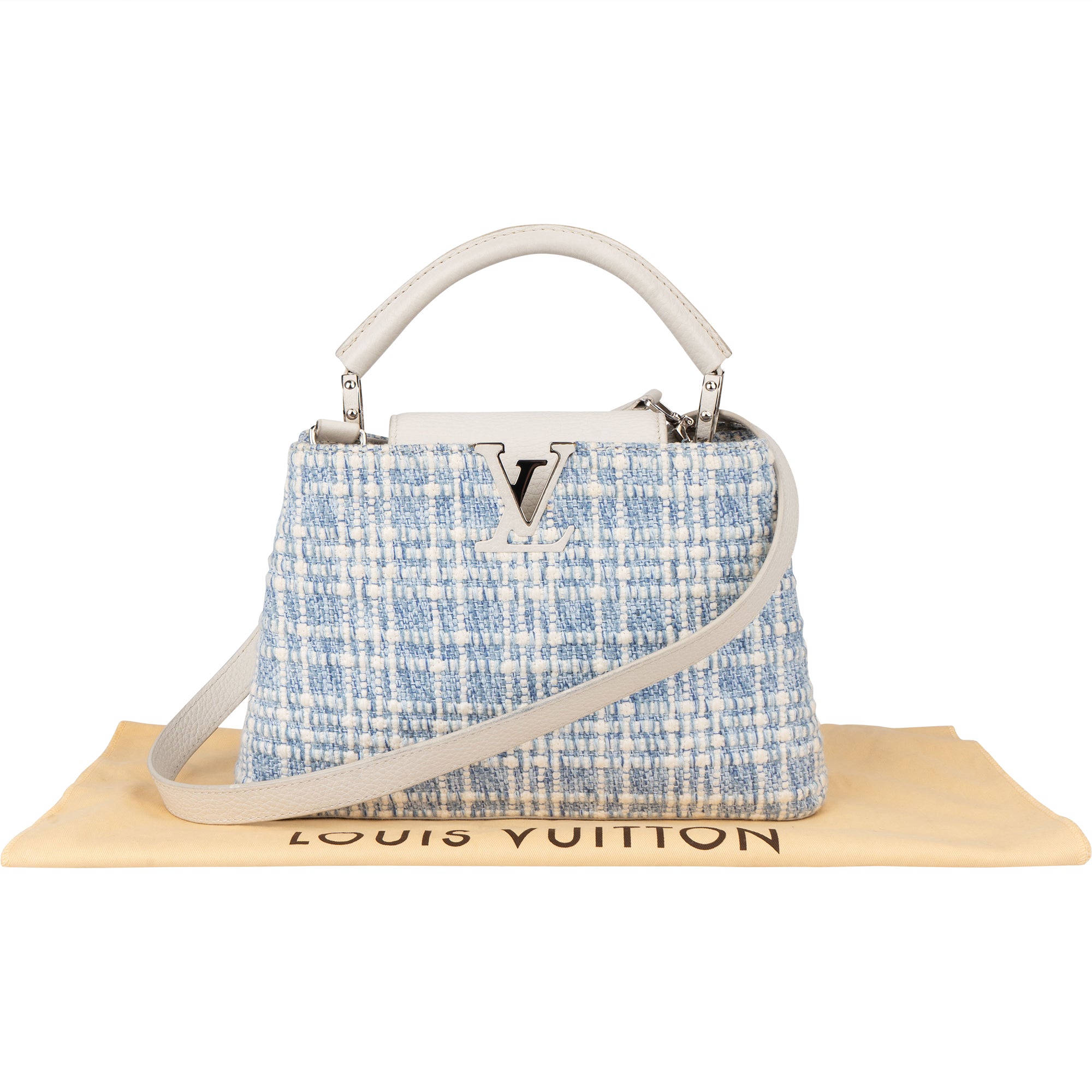 Louis Vuitton Bleu Blanco Tweed Capucines BB Handbag - vintageandkickz