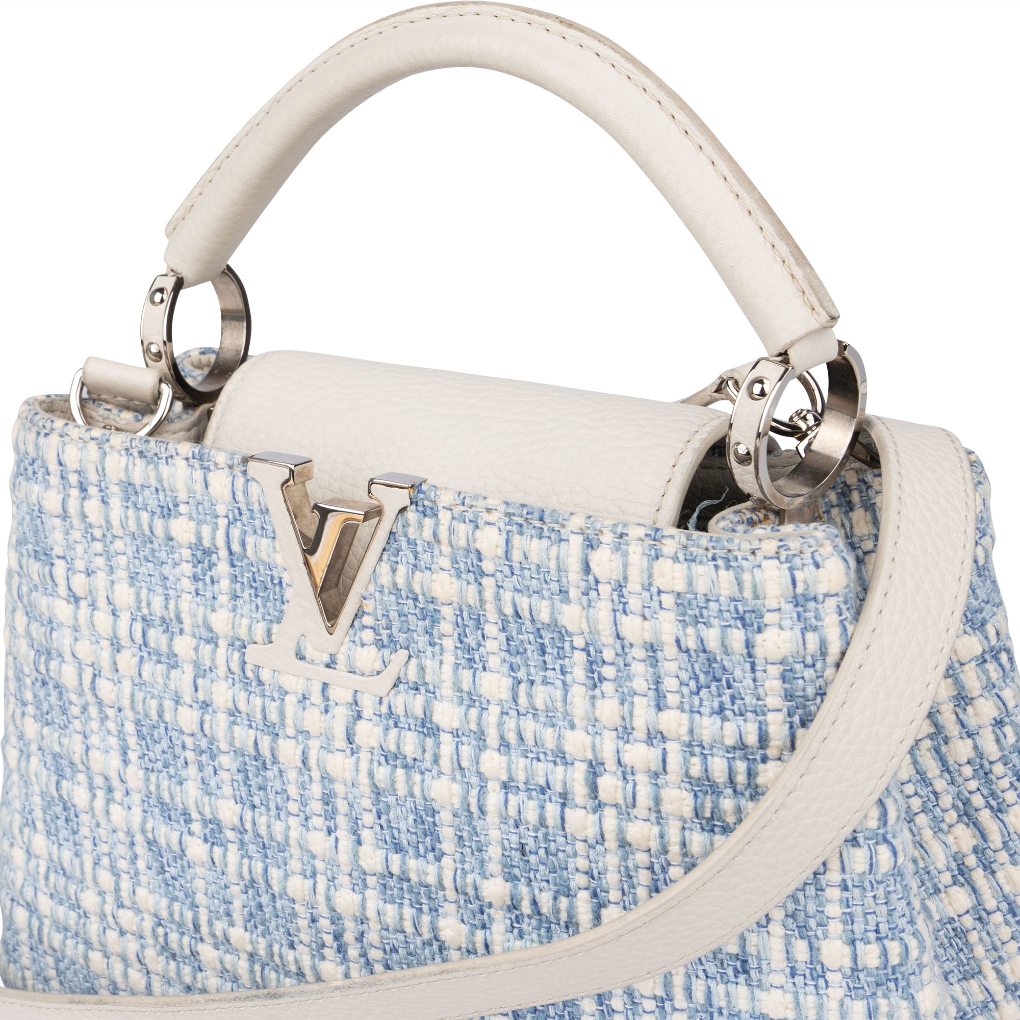 Louis Vuitton Bleu Blanco Tweed Capucines BB Handbag - vintageandkickz