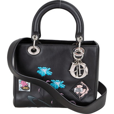Christian Dior Black Leather Patch Embellished Lady Dior Handbag