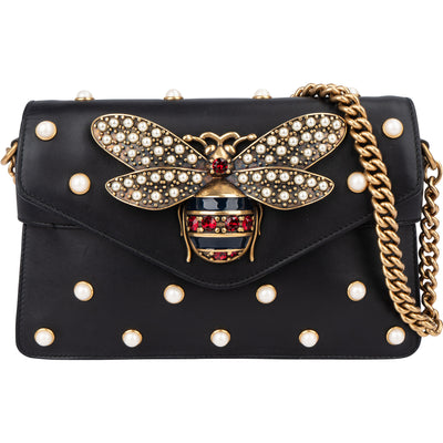 Gucci Black Leather Queen Margret Bee Crossbody Bag