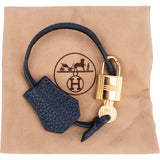 Hermès Blue Clemence Leather Clochette + Golden Padlock Schloss