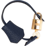 Hermès Blue Clemence Leather Clochette + Golden Padlock Schloss