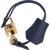 Hermès Blue Clemence Leather Clochette + Golden Padlock Schloss