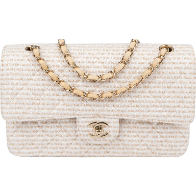Chanel Quilted Tweed 24K Gold Medium Double Flap Crossbody Bag