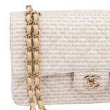 Chanel Quilted Tweed 24K Gold Medium Double Flap Crossbody Bag