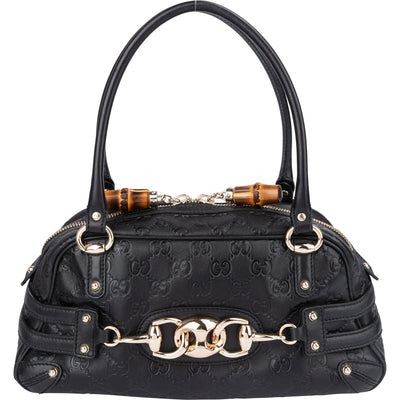 Gucci Black Leather GG Monogram Horsebit Handbag