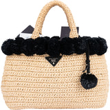 Prada Raffia Pompom Satchel Handbag