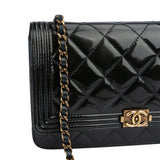 Chanel Quilted Dark Green Patent Leather Boy Wallet On Chain Crossbody Bag