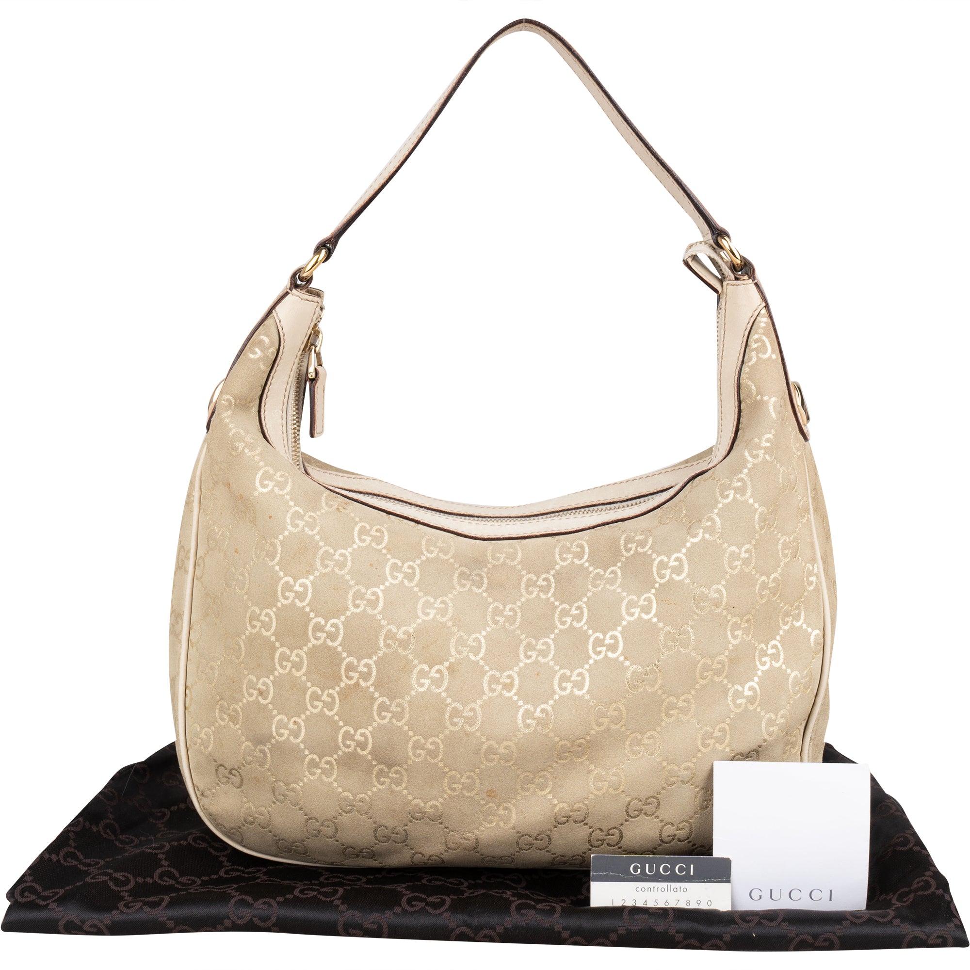 Gucci Gold Tone Suede GG Monogram Hobo Bag - vintageandkickz