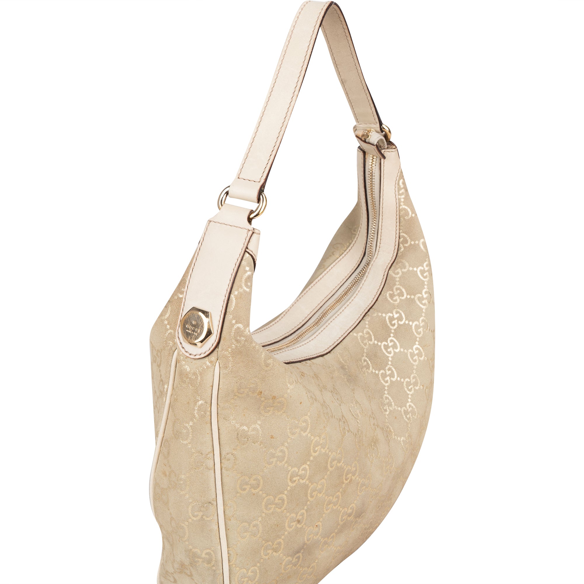 Gucci Gold Tone Suede GG Monogram Hobo Bag - vintageandkickz