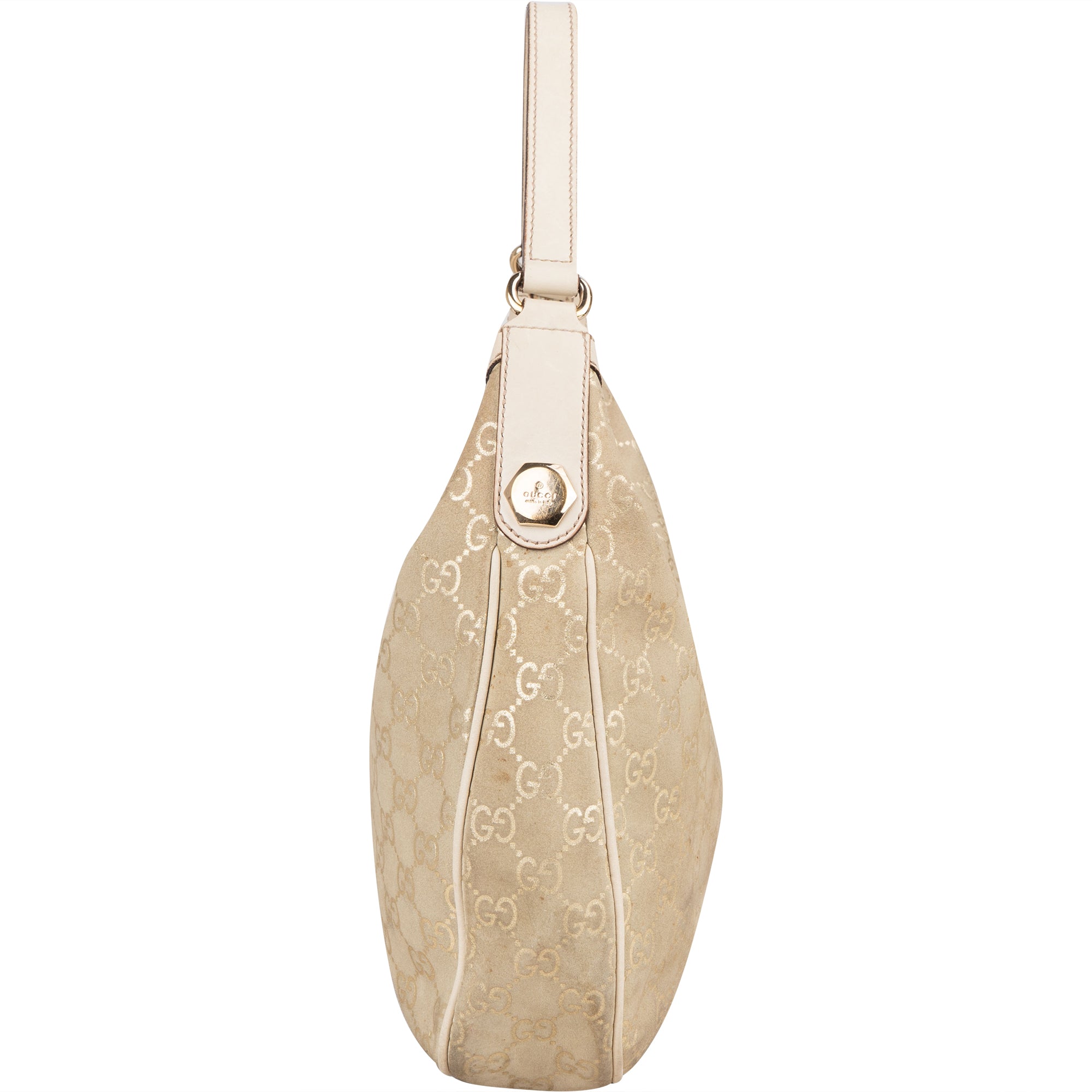 Gucci Gold Tone Suede GG Monogram Hobo Bag - vintageandkickz