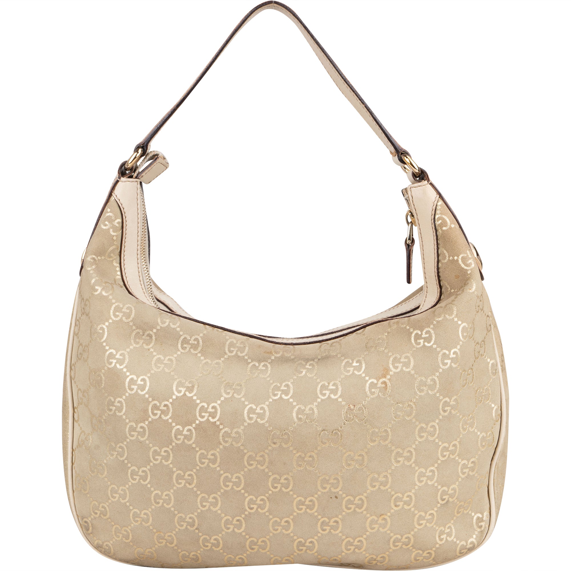 Gucci Gold Tone Suede GG Monogram Hobo Bag - vintageandkickz