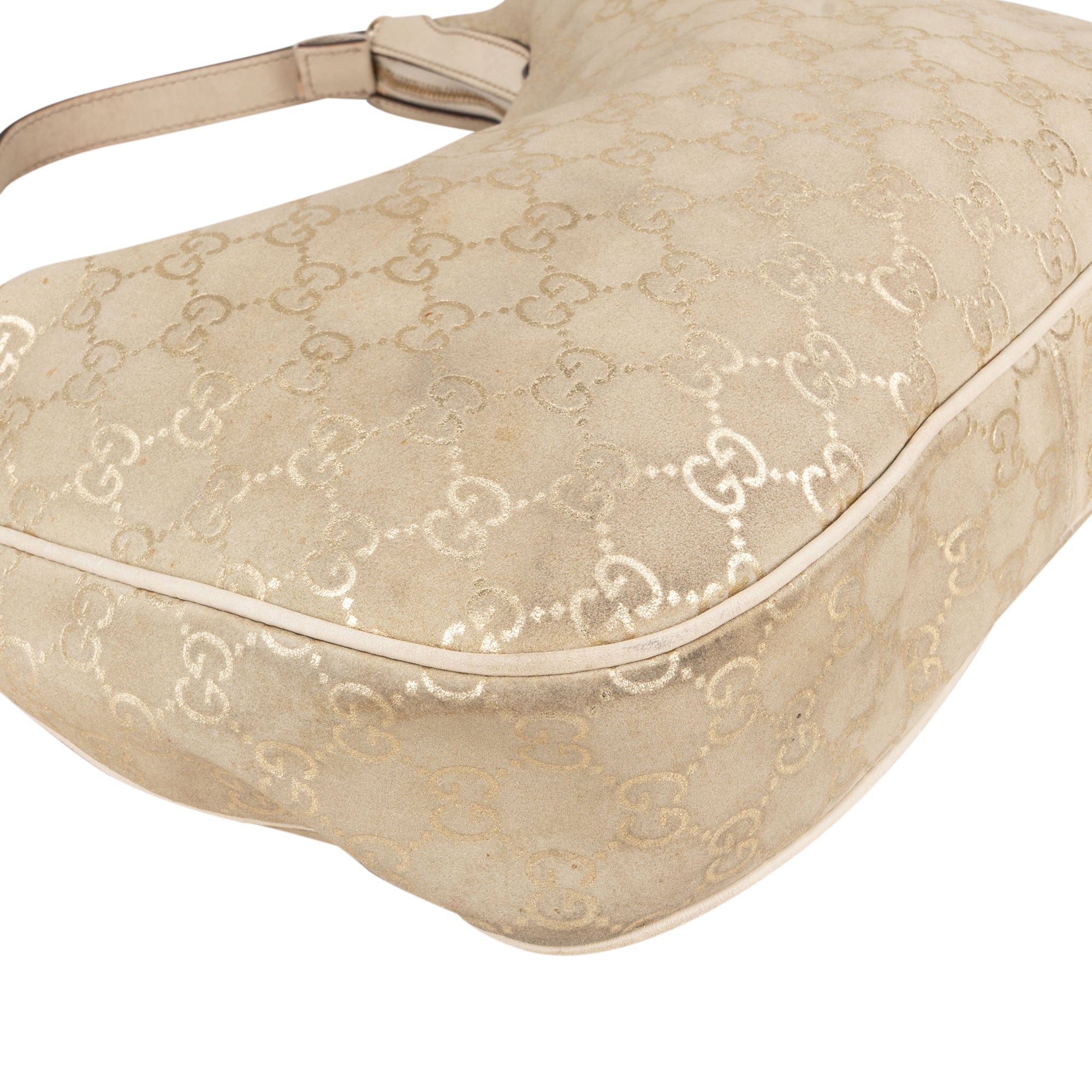 Gucci Gold Tone Suede GG Monogram Hobo Bag - vintageandkickz
