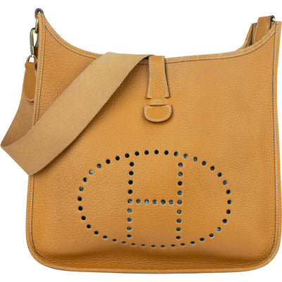 Hermès Camel Ardennes Leather Evelyne GM Crossbody Bag - vintageandkickz