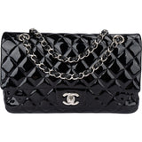 Chanel Quilted Patent Leather Palladium Medium Double Flap Crossbody Bag