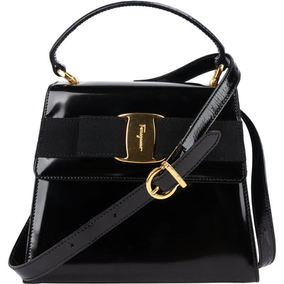 Salvatore Ferragamo Black Patent Calf Leather Vara Bow Top Handle Handbag