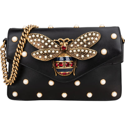 Gucci Black Leather Queen Margaret Bee Shoulder Bag