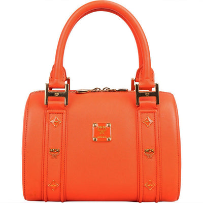 MCM Orange Grained Leather Essential Studded Small Boston Handbag