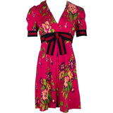 Gucci Pink Floral Print Silk Web Stripe Bow Short Sleeve Dress (M)
