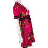 Gucci Pink Floral Print Silk Web Stripe Bow Short Sleeve Dress (M)