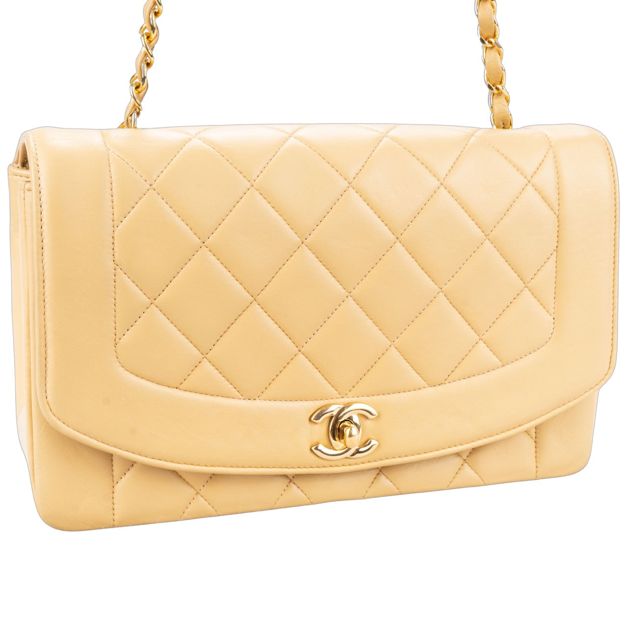 Chanel Quilted Lambskin 24K Gold Diana Single Flap Crossbody Bag