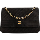 Chanel Quilted Chevron Suede 24K Gold Vintage Single Flap Shoulder Bag