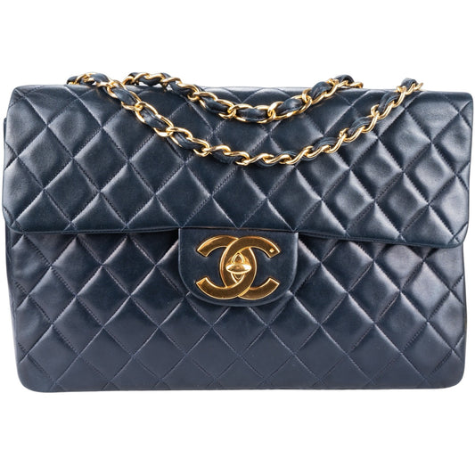 Chanel Blue Quilted Lambskin 24K Gold Jumbo Single Flap Crossbody Bag