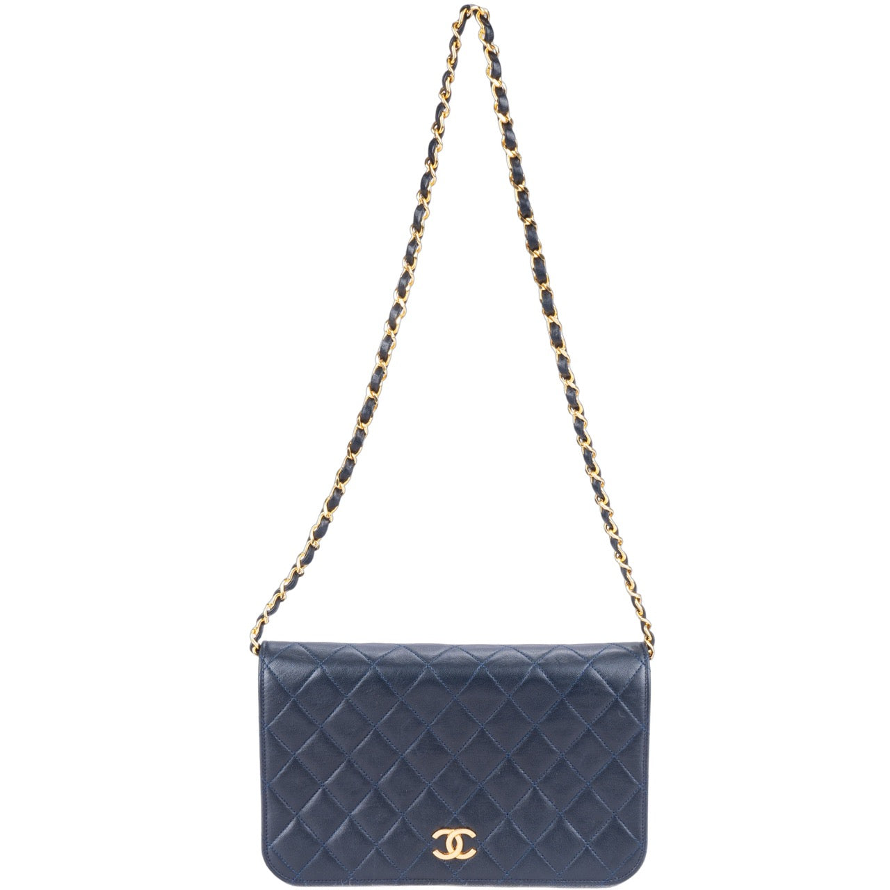 Chanel Quilted Navy Lambskin 24K Gold Single Flap Bag