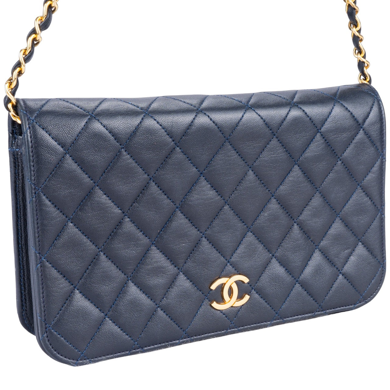 Chanel Quilted Navy Lambskin 24K Gold Single Flap Bag
