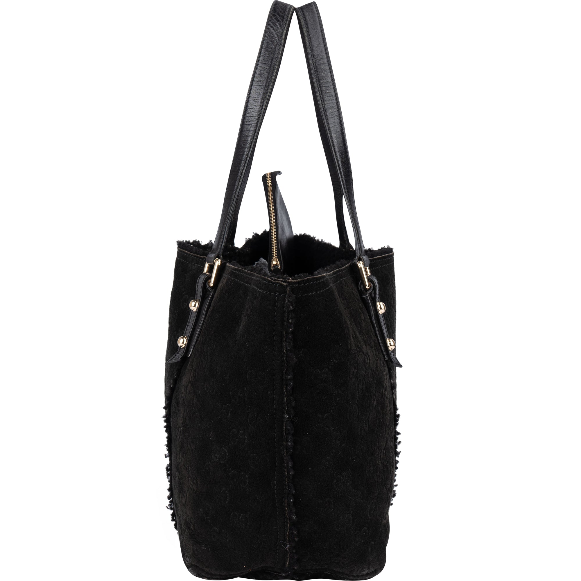 Gucci Suede GG Monogram Jolicoeur Shearling Tote Handbag - vintageandkickz